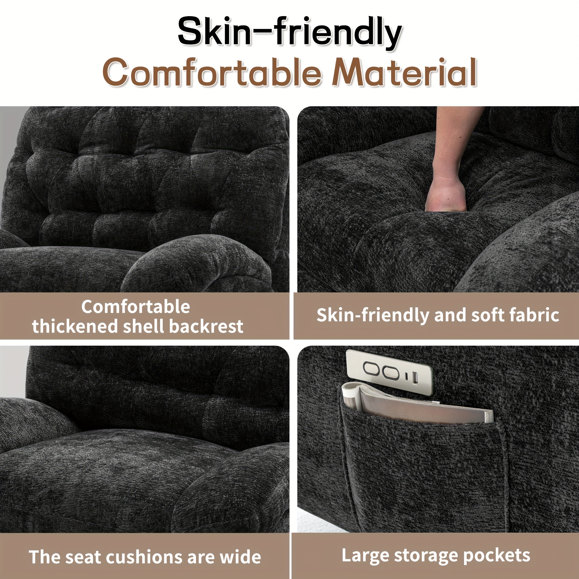 Oversized Swivel Recliner Chair, Adult Electric Recliner with USB Port And Side Pocket Storage, Comfortable Soft Shell Rocking Chair, Large Chenille Recliner Suitable for The Living Room 11 Oversized Swivel Recliner Chair, Adult Electric Recliner with USB Port And Side Pocket Storage, Comfortable Soft Shell Rocking Chair, Large Chenille Recliner Suitable for The Living Room - Image 11