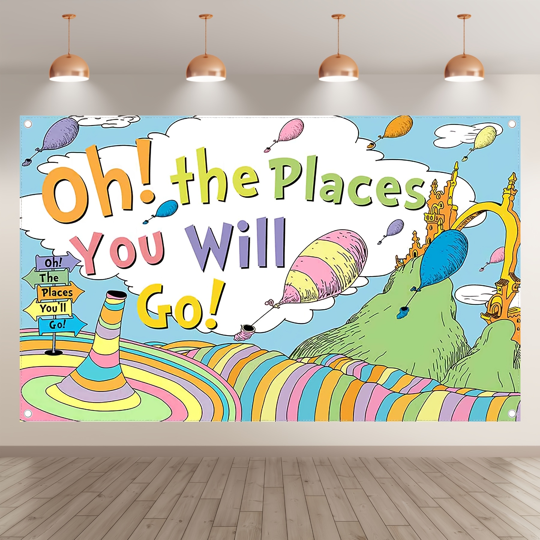 

Graduation Backdrop 72x43"/96x60" - 'oh The Places You ' Theme With , & Balloons - Kindergarten, Preschool Graduations & Reading Parties - , Machine Washable