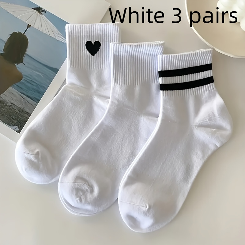 TEMU Mixed Colors 5-pair/white 3-pair - Fashionable, Comfortable, And Versatile Black And White Women's Mid-calf Short Socks, Summer Socks
