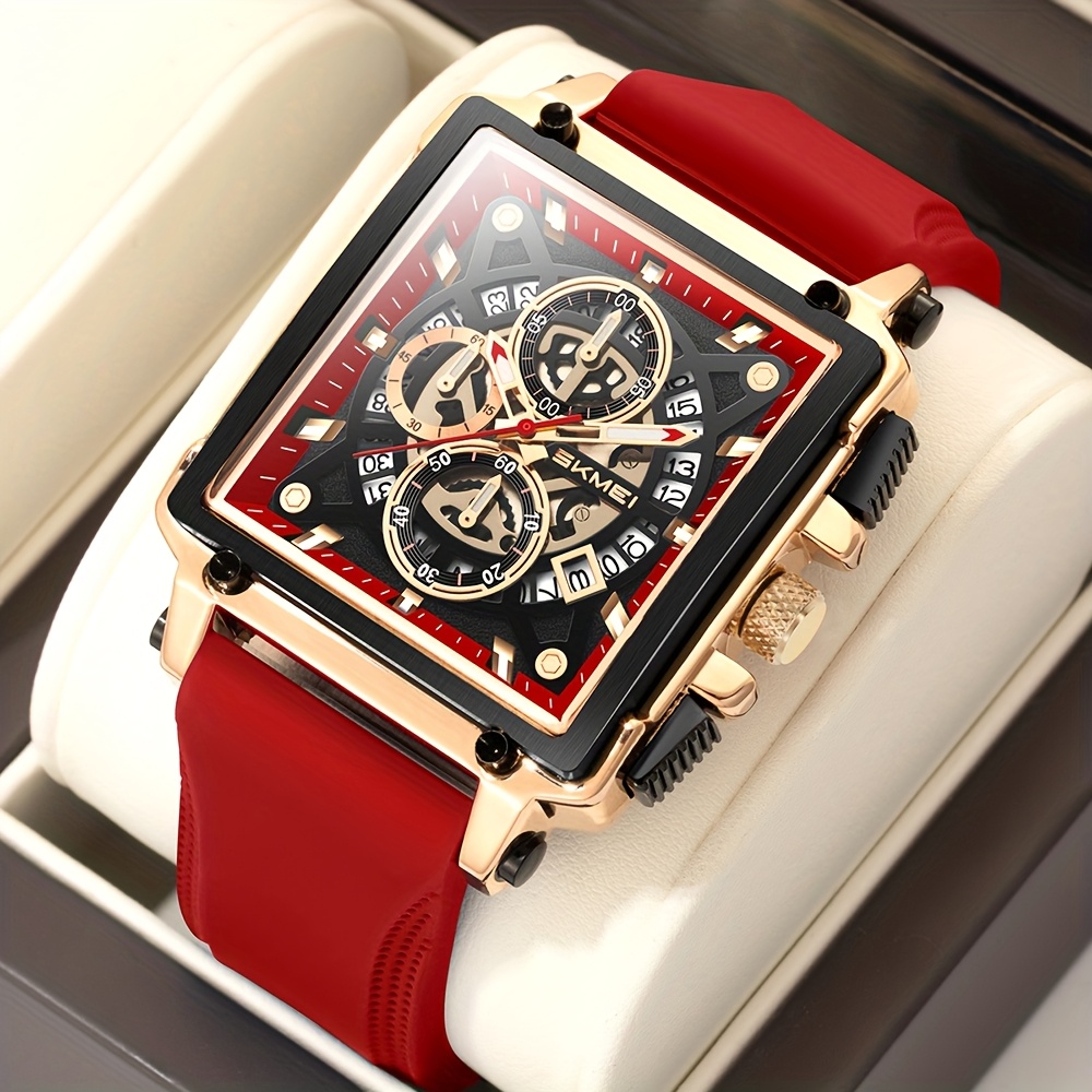 TEMU Skmei Women's Watch - Square Case With Chronograph & Date Display, 3atm, Slim Profile, Red Silicone Strap, Quartz Movement, & Gifts, Sleek | High