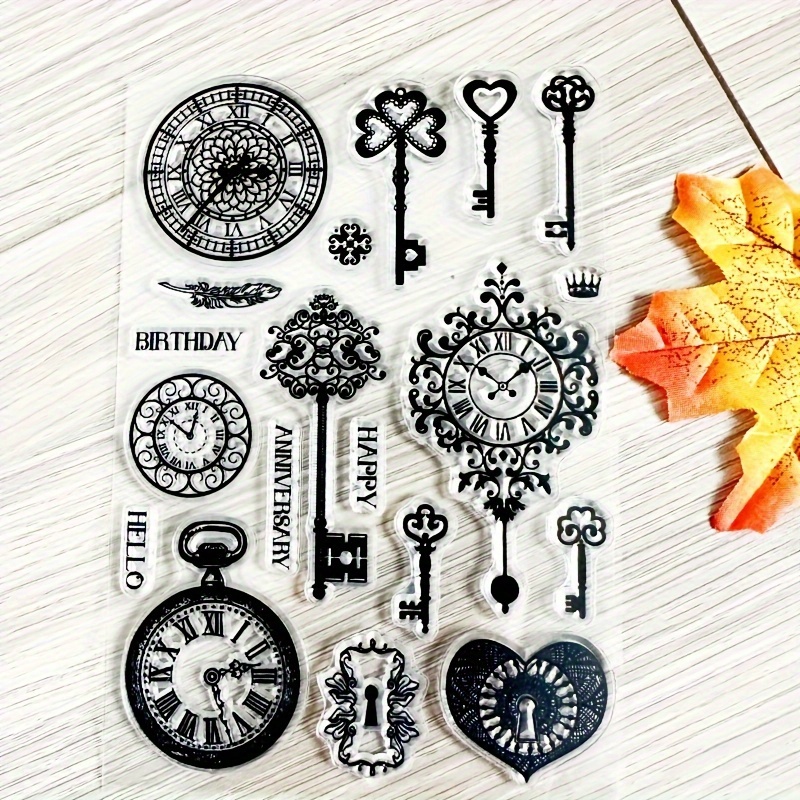 TEMU 1pc Vintage Lock Key Transparent Stamp, Retro Clock Seal For Diy Scrapbooking Card Décor, Handmade Crafts, Album Embellishment, Clock Motif,