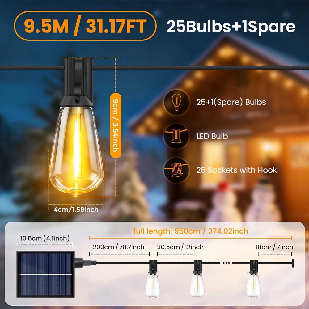 Image of 25leds/30leds Solar Fairy Lights Outdoor Fairy Lights Outdoor Solar With Warm White St38 Bulbs, 8 Ip65 For Outdoor, Garden, Patio, Balcony, Wedding