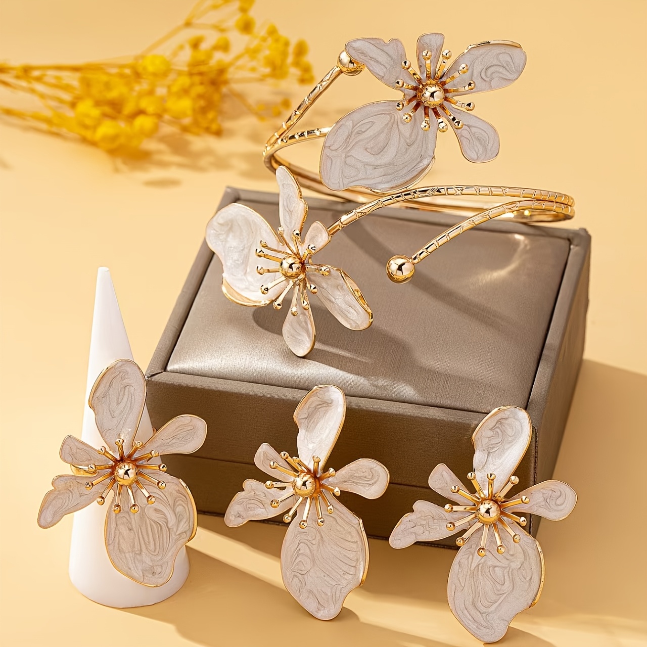 TEMU 4pcs Vintage Floral Cuff Bracelet, Ring, Stud Earrings Set, Available In Vibrant Multi-colors - Metal, Women's Fashion Accessories, Perfect For