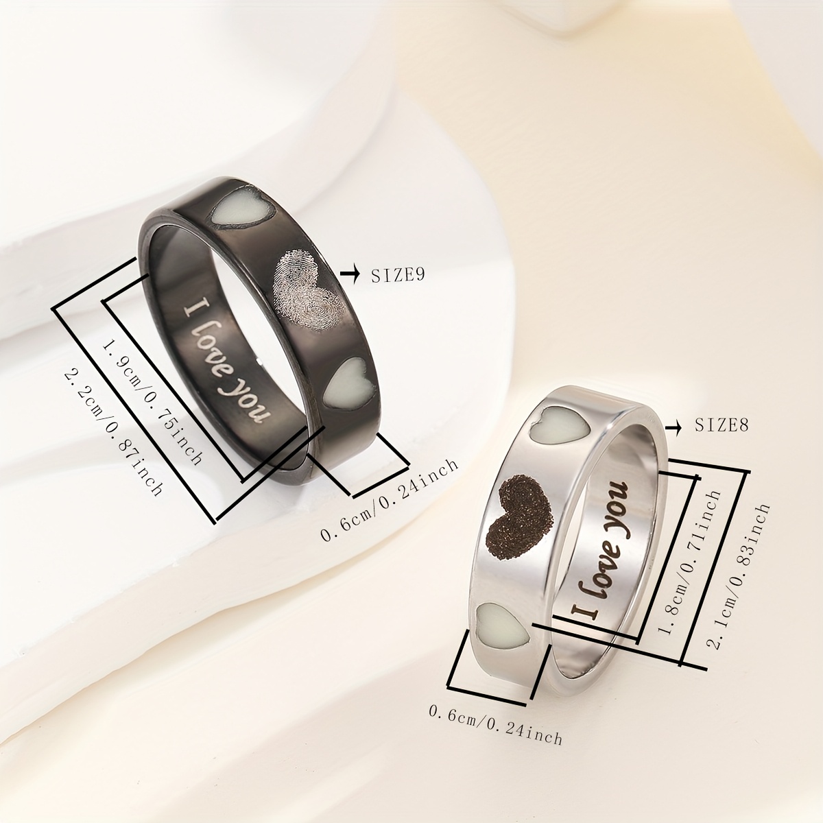 2pcs Glow Heart & Fingerprint Heart Pattern Couple Rings