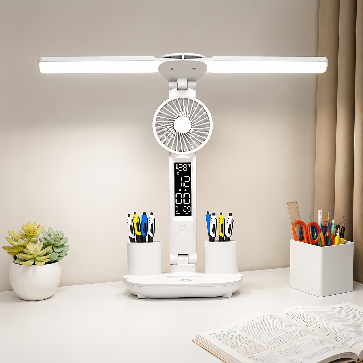 imagen del artículo lámpara de escritorio led inteligente con pantalla digital y ventilador de refrigeración, luz de lectura para el   de  , 3   de   de color,   ajustable, control táctil,   soporte de bolígrafo desmontable, lámpara de estudio   usb para   en casa, dormitorio y lectura