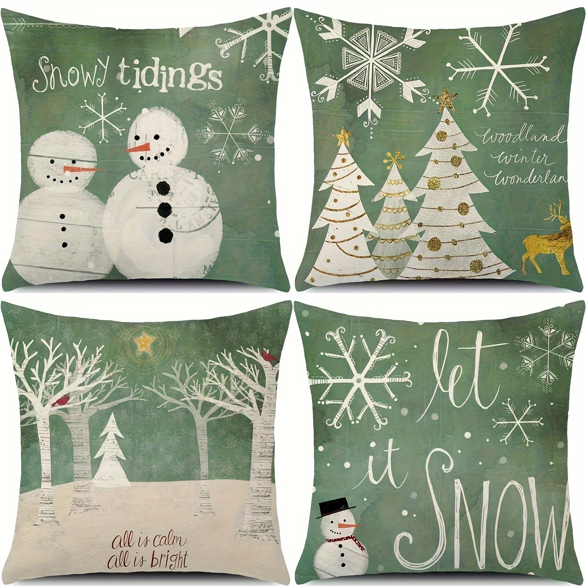 

4-piece Christmas Throw Pillow Covers Set, Contemporary Style, Snowman & Trees Design, Machine Washable, Polyester Cushion Cases With Zipper Closure For Sofa, Bed, Car, And Home Decor - Woven Fabric