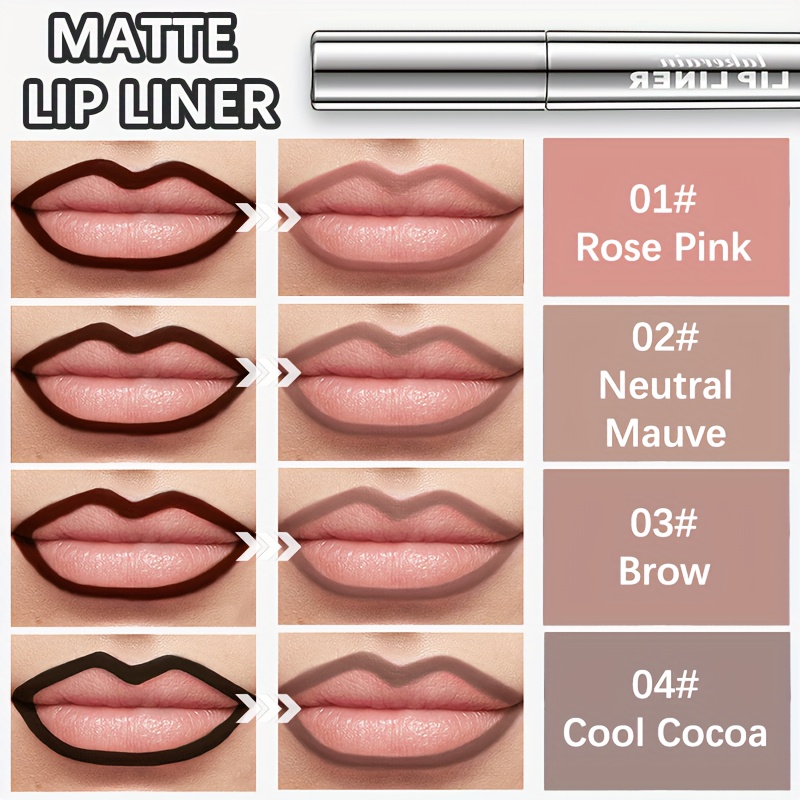 4-Color Matte Lip Liner, Long-lasting Color, Smudge-proof Lip Tattoo, Waterproof and Sweatproof, Moisturizing Nourishment, Fade-resistant, Cup-friendly, Suitable for All Light Beige Tones, Can be Combined with Lipstick or Lip Gloss, Creates Various Lip Looks, Mother's Day Gift