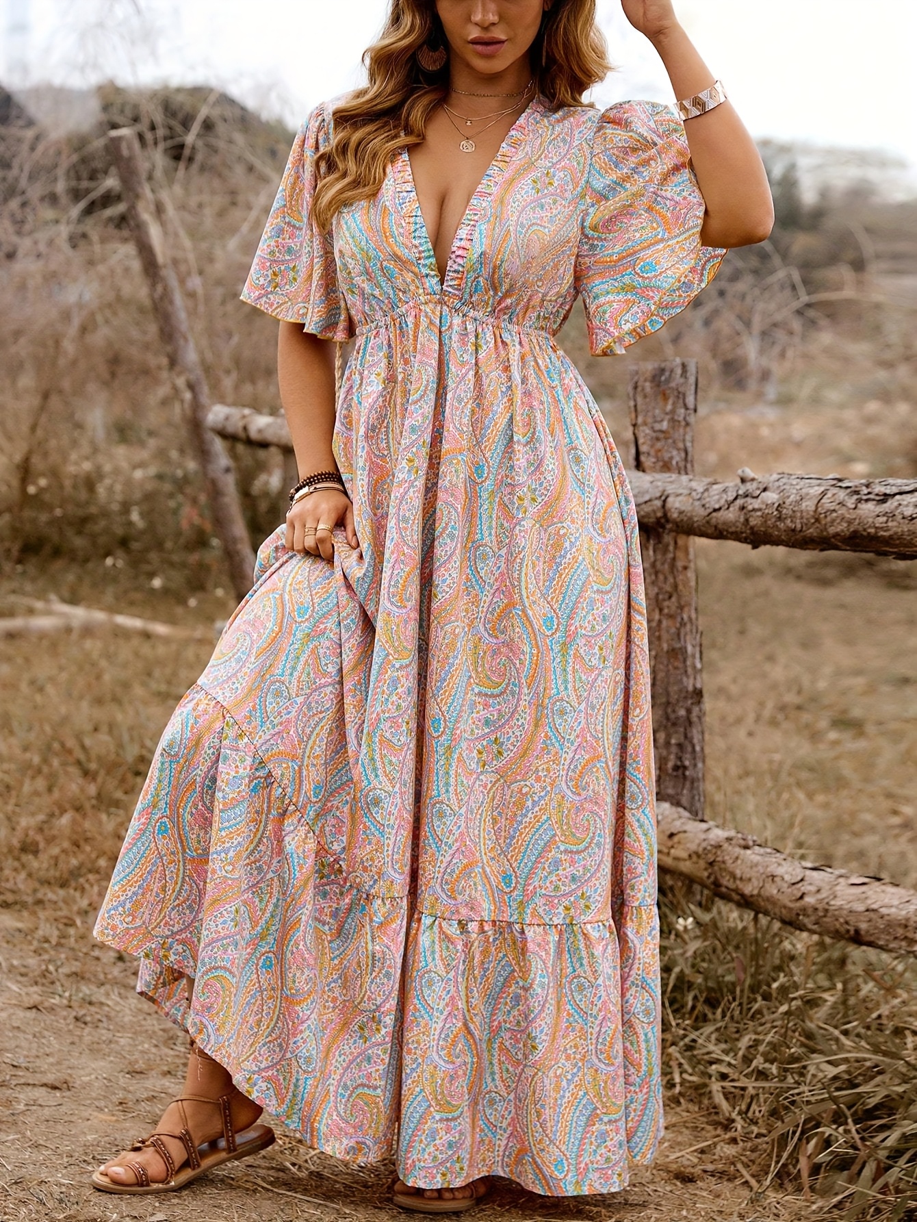 Women'S Plus Size *an Print Maxi Dress - Loose Fit womens plus size bohemian print maxi dress loose fit v neck - Temu