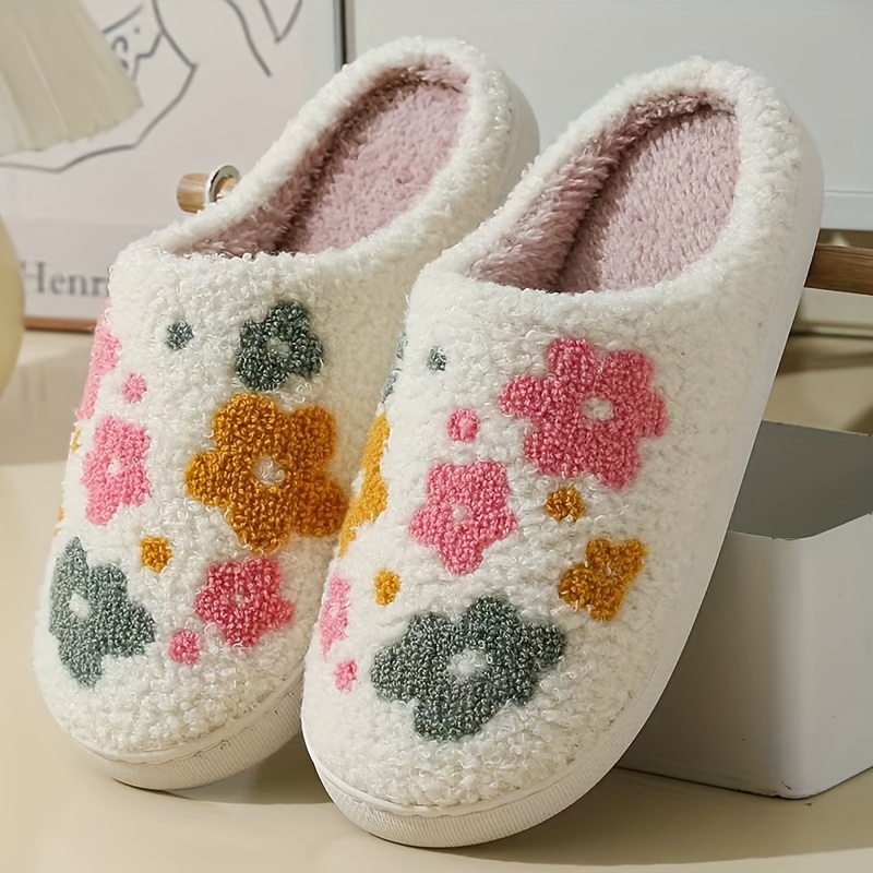 

Women's Cozy Floral Fleece Winter Indoor Slip-on Slippers, Korean Style, Warm Shoes, Hand Wash Or