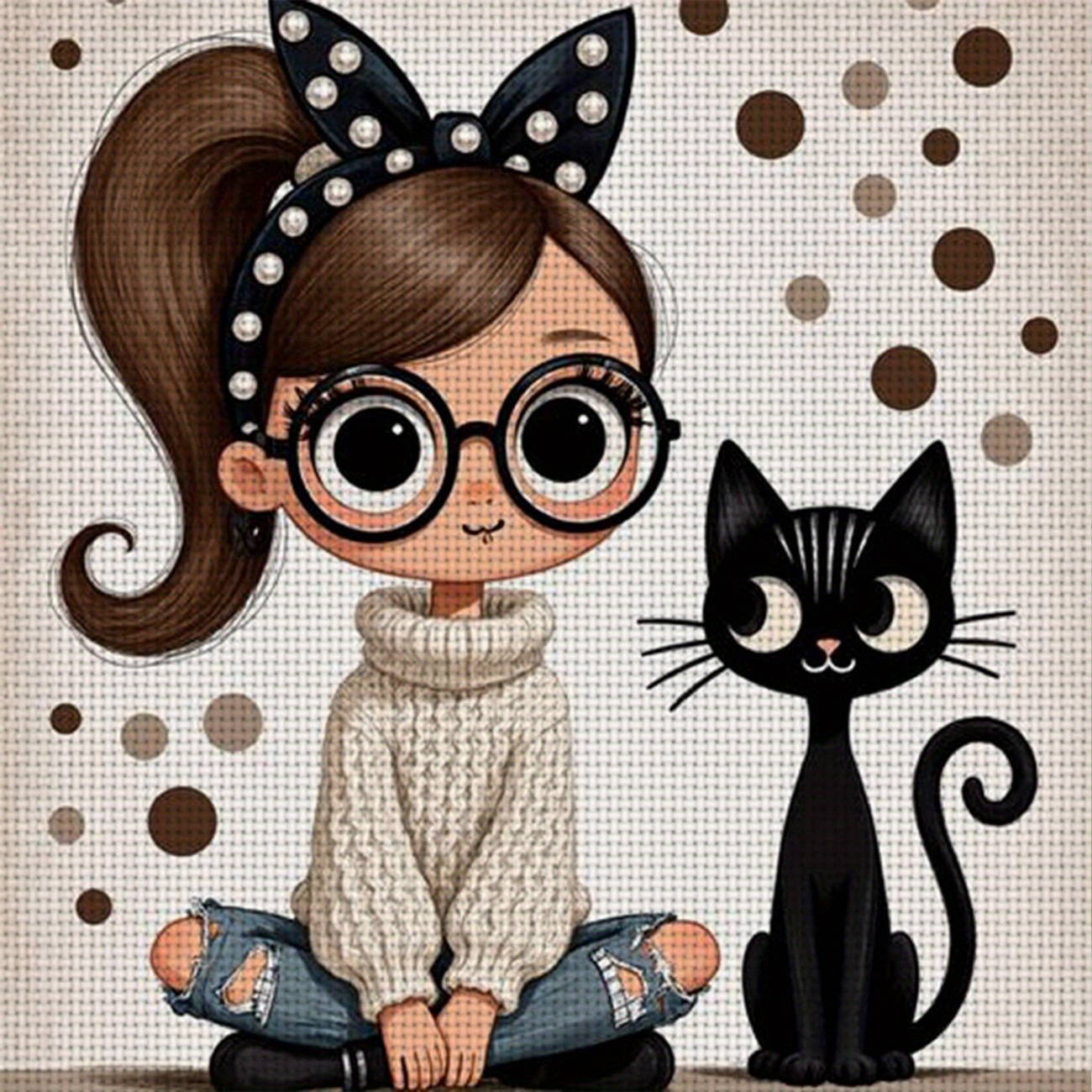 TEMU 1pc Printed Diy Stitch Kit, Frameless, "girl With Black Cat" Pattern, Beginners' Relaxing Craft Time, Experience From "leisure" To "relax" To