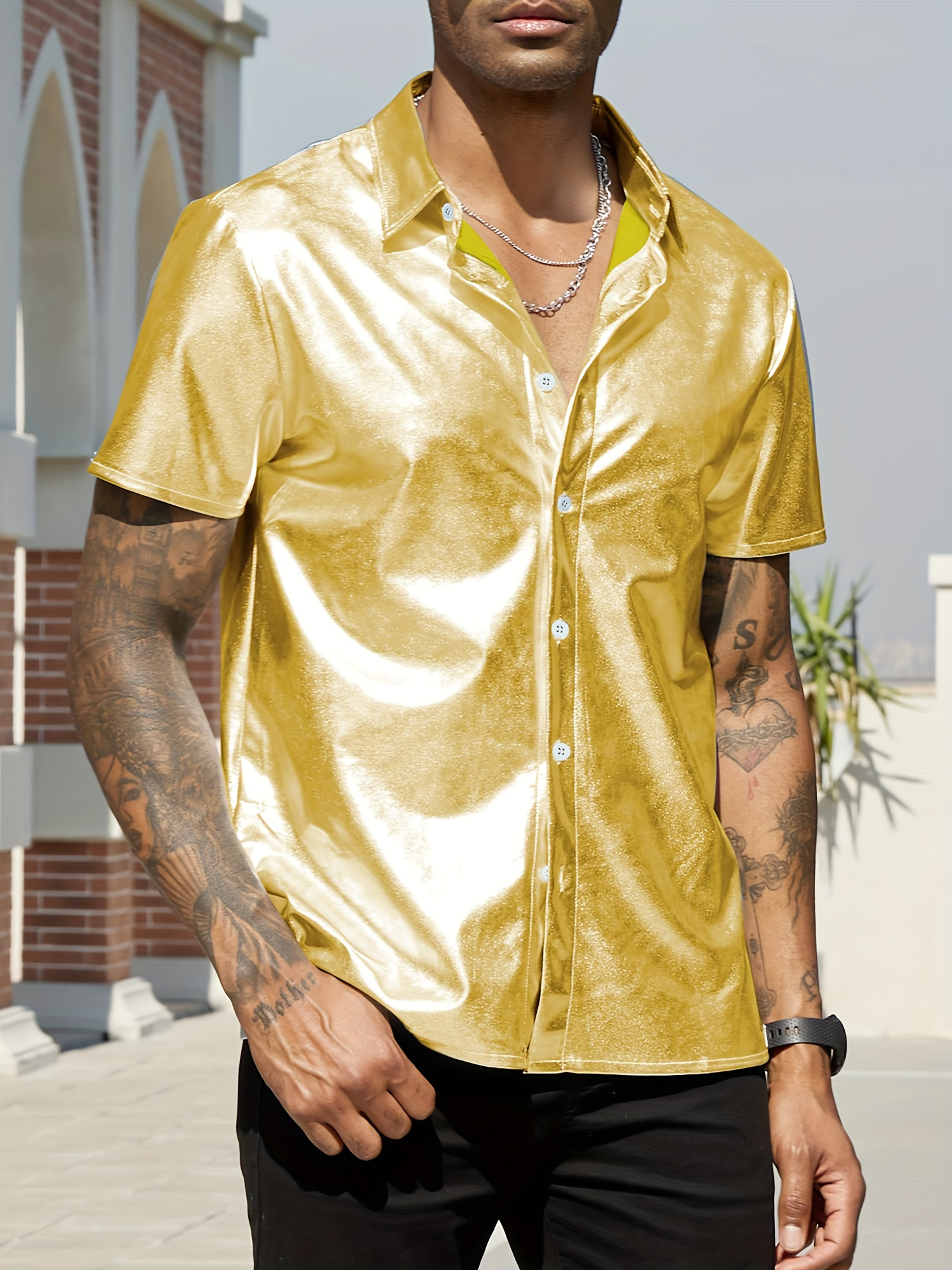 Button Down Metallic Gold Mens Shirt Wang Gold Short Sleeve Shirt Mens  Paisley Party Club Casual