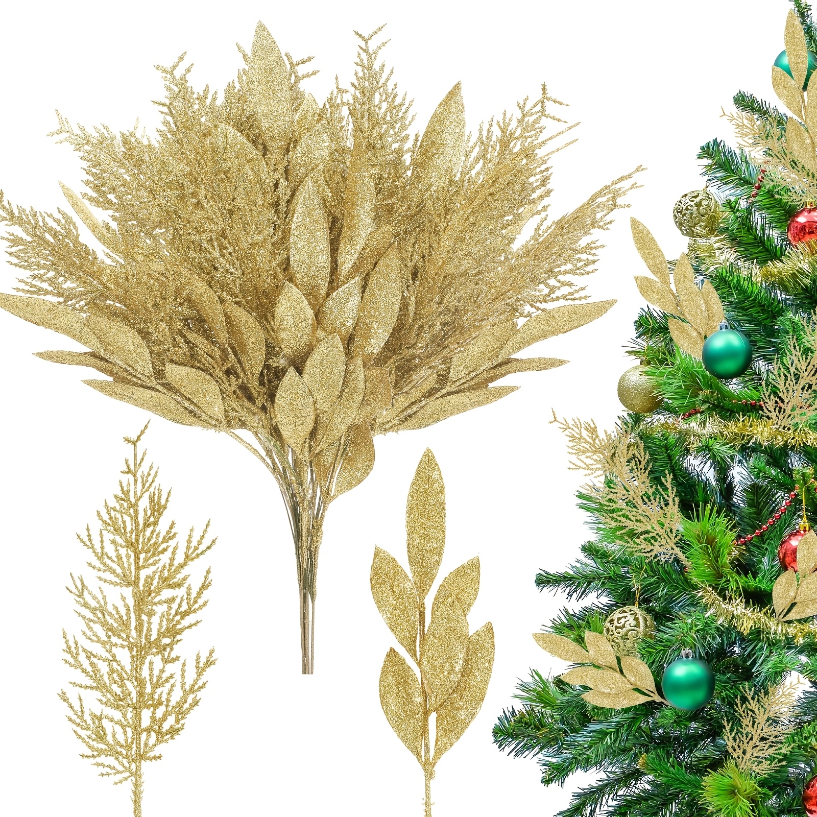 TEMU 10pcs Christmas Decorative Flowers Artificial Pine Branches 15.4-inch Artificial Plants Evergreen Cedar Branches Shimmering Artificial Leaves