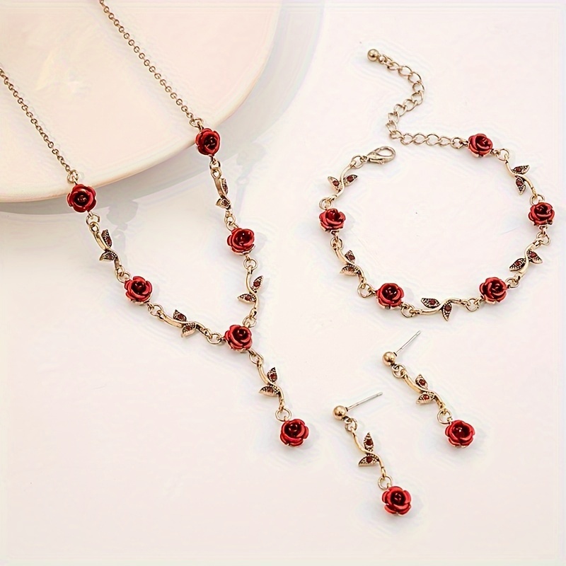 TEMU Elegant Red Rose Pendant Alloy Jewelry Set, Luxury Style Necklace, Bracelet, And Earrings, 3-piece Set For Bridal, Evening Gowns, And Photoshoot Accessories