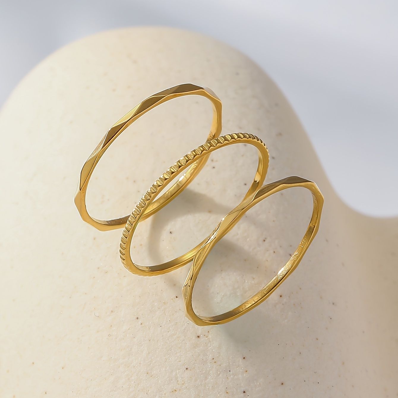 Image of 3pcs Minimalist Niche Stainless Steel Gold-plated Engraved Cuff Rings Women' Stacking Wear