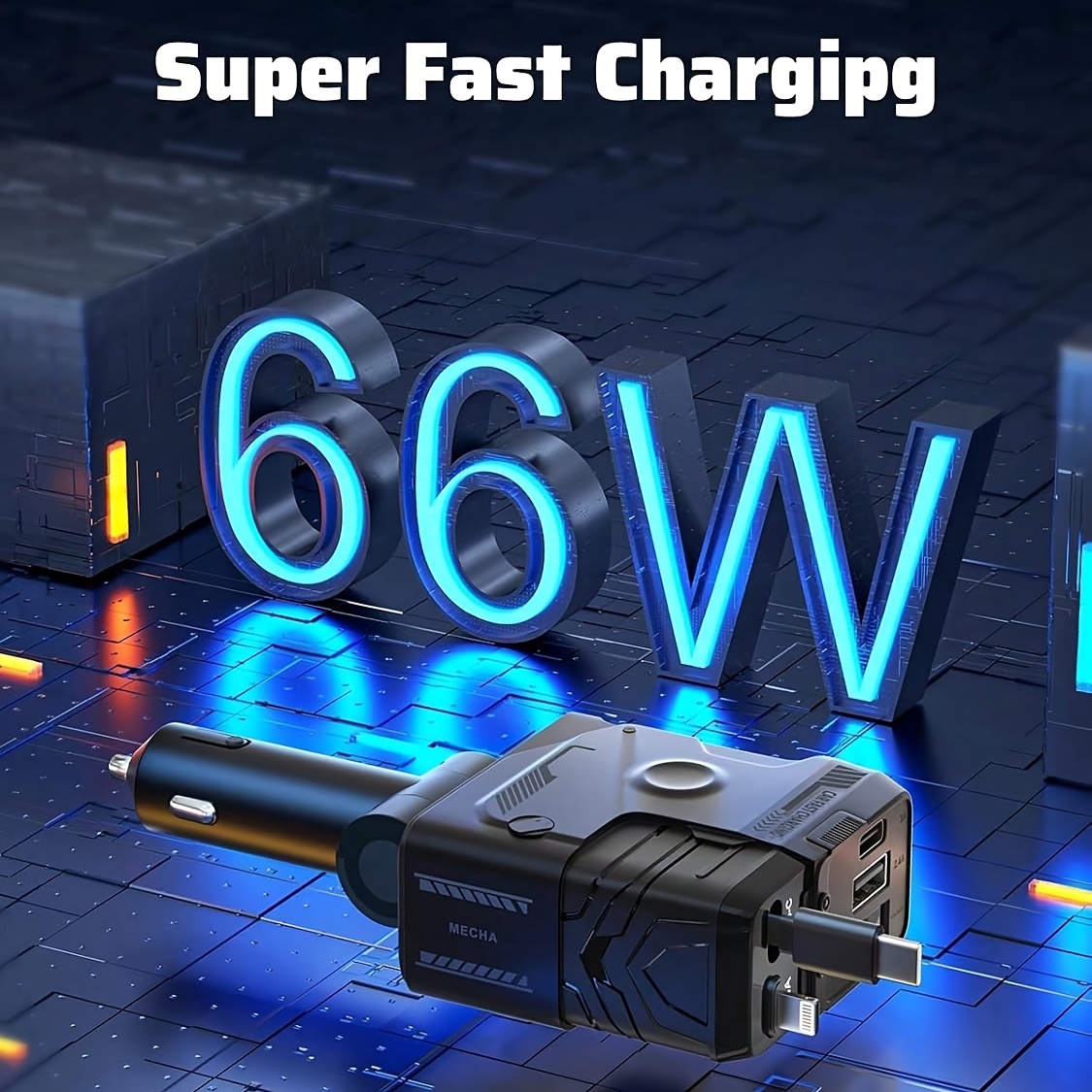TEMU Câble rétractable 4-en-1 pour iPhone et Android, chargeur de voiture multi-appareils ultra-rapide rétractable double type C 66W, câble
