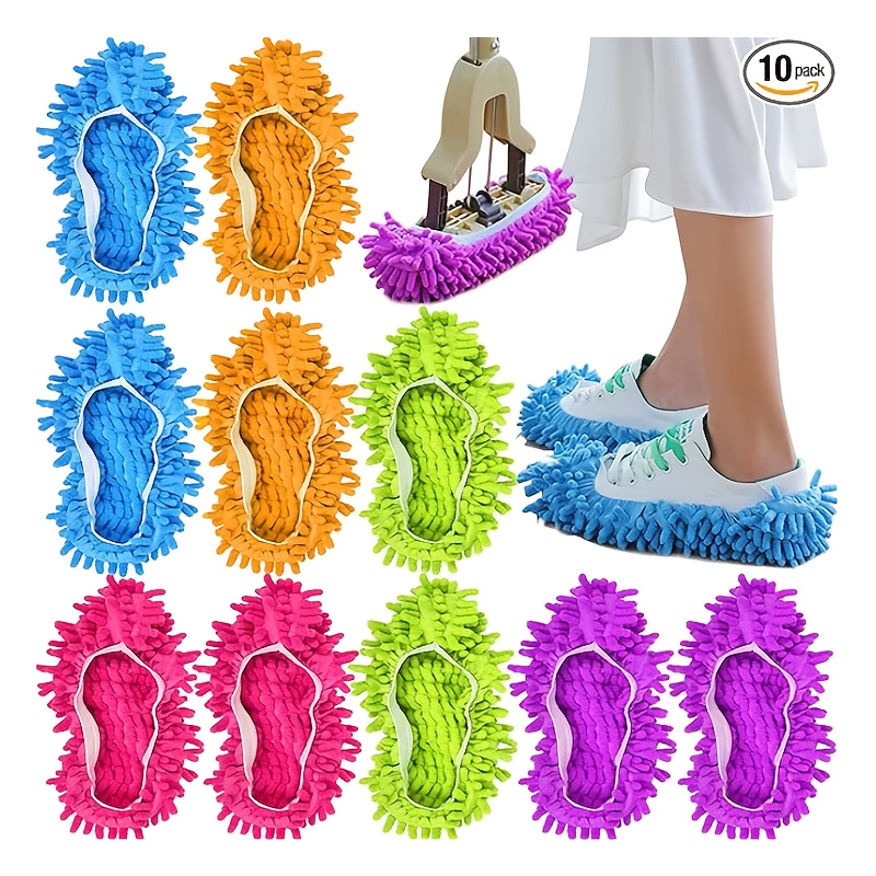 TEMU 10pcs Microfiber Mop Slippers Shoes Cover Soft Washable Reusable Floor Polishing Dust Dirt Hair Men Women Sweeper Cleaning Mop Tool For House Office Bathroom Kitchen, Multicolored 5 Pairs