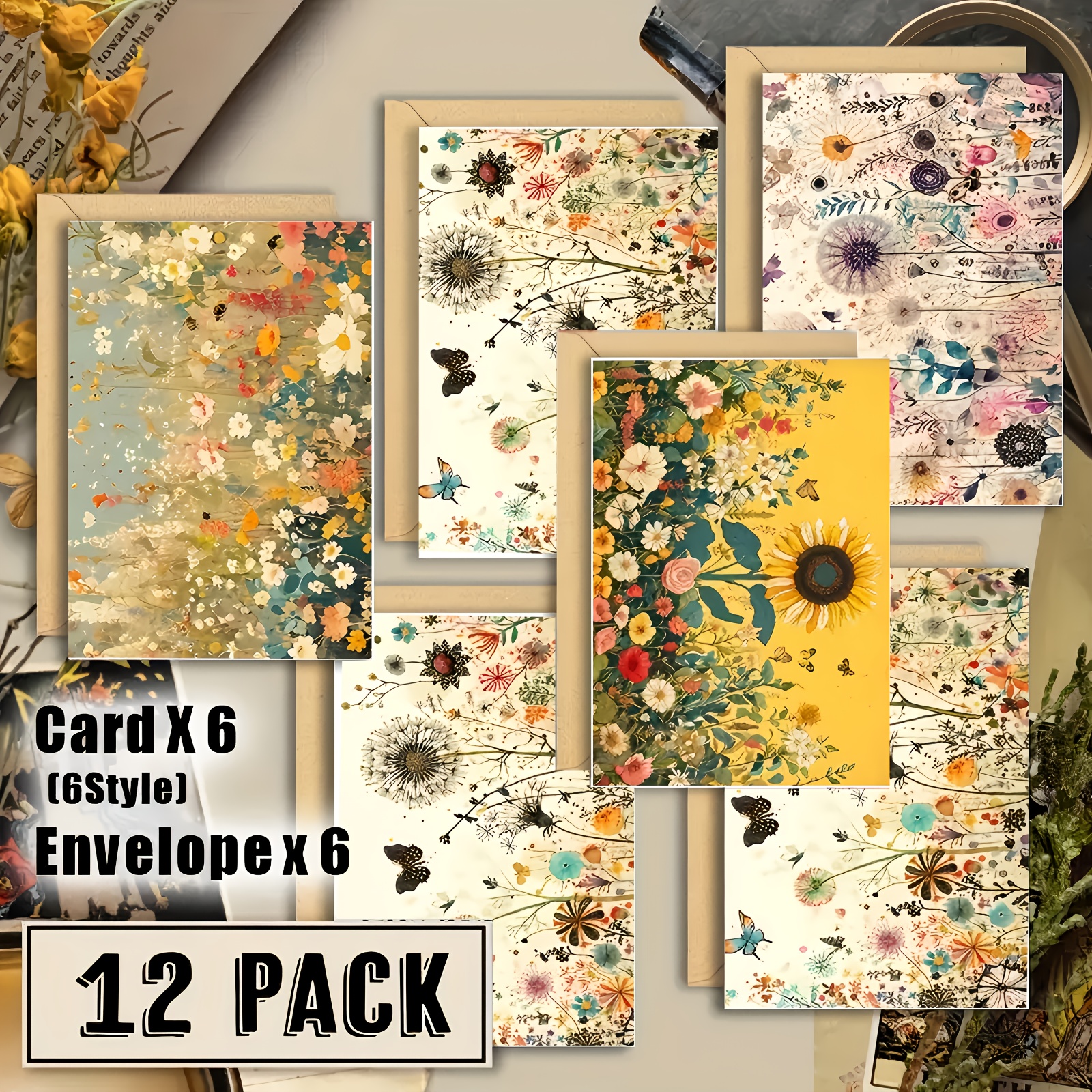 Image of 12pcs Watercolor Style Holiday Wreath Mixed Pattern Writing Cards With Envelopes, Cards, Birthday Greeting Cards, Writing Cards, Writing Cards Set