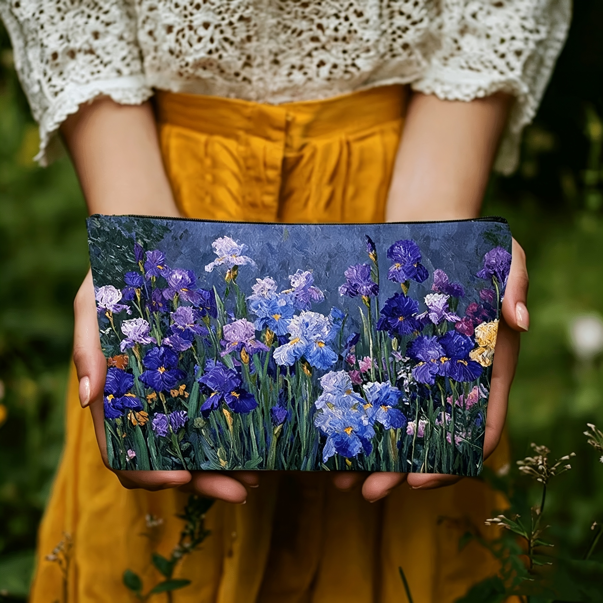 TEMU A Blue- Blooming Scene Makeup Bag, Designed For Travel And Toiletries, Featuring A Zipper Closure. Foldable And Lightweight, Making It Ideal For