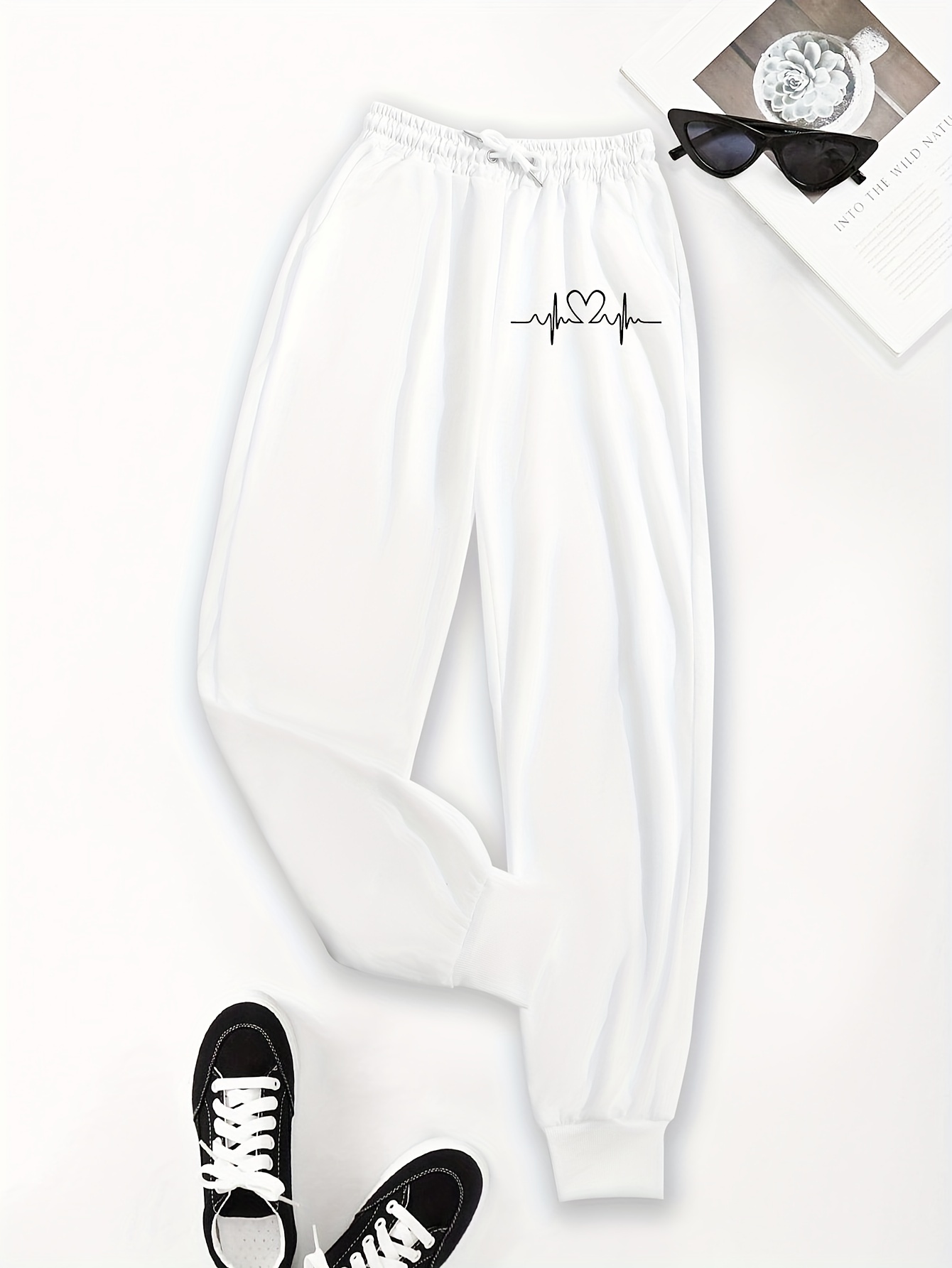 womens casual graphic print sweatpants elastic waist drawstring long length with pockets gray with white     weekend wear comfortable clothing relaxed fit pants smooth texture fabric