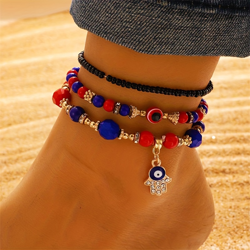 

3-piece Ankle Bracelet Set, Retro Bohemian Beaded Devil's Eye Sandals