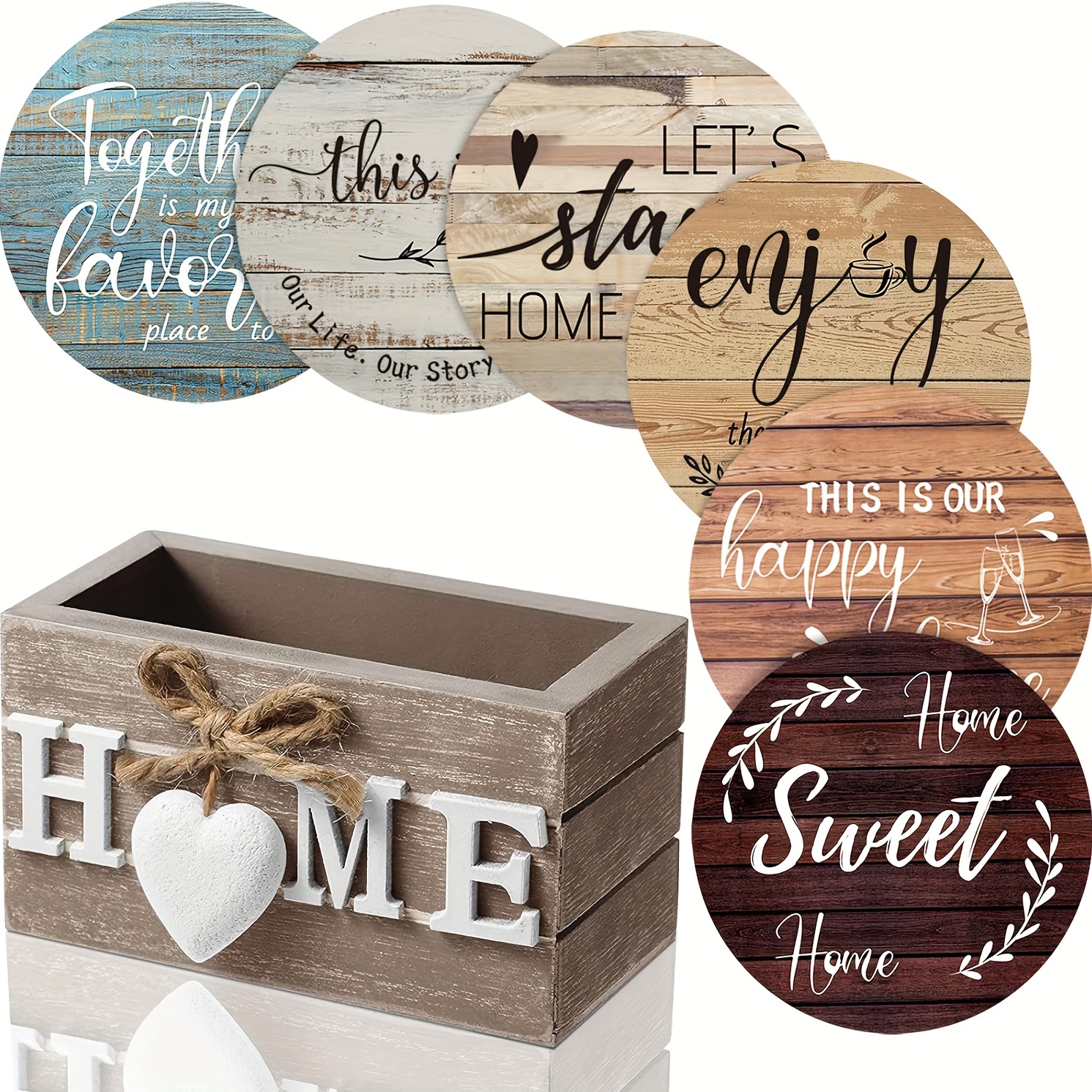 

Queekay Housewarming Gifts For Home Decoration Wooden Heart Coasters For Drinks 6 Set Farmhouse Coasters With Holder Funny For Family Coffee Table Protection, 4''(classic Farmhouse Style