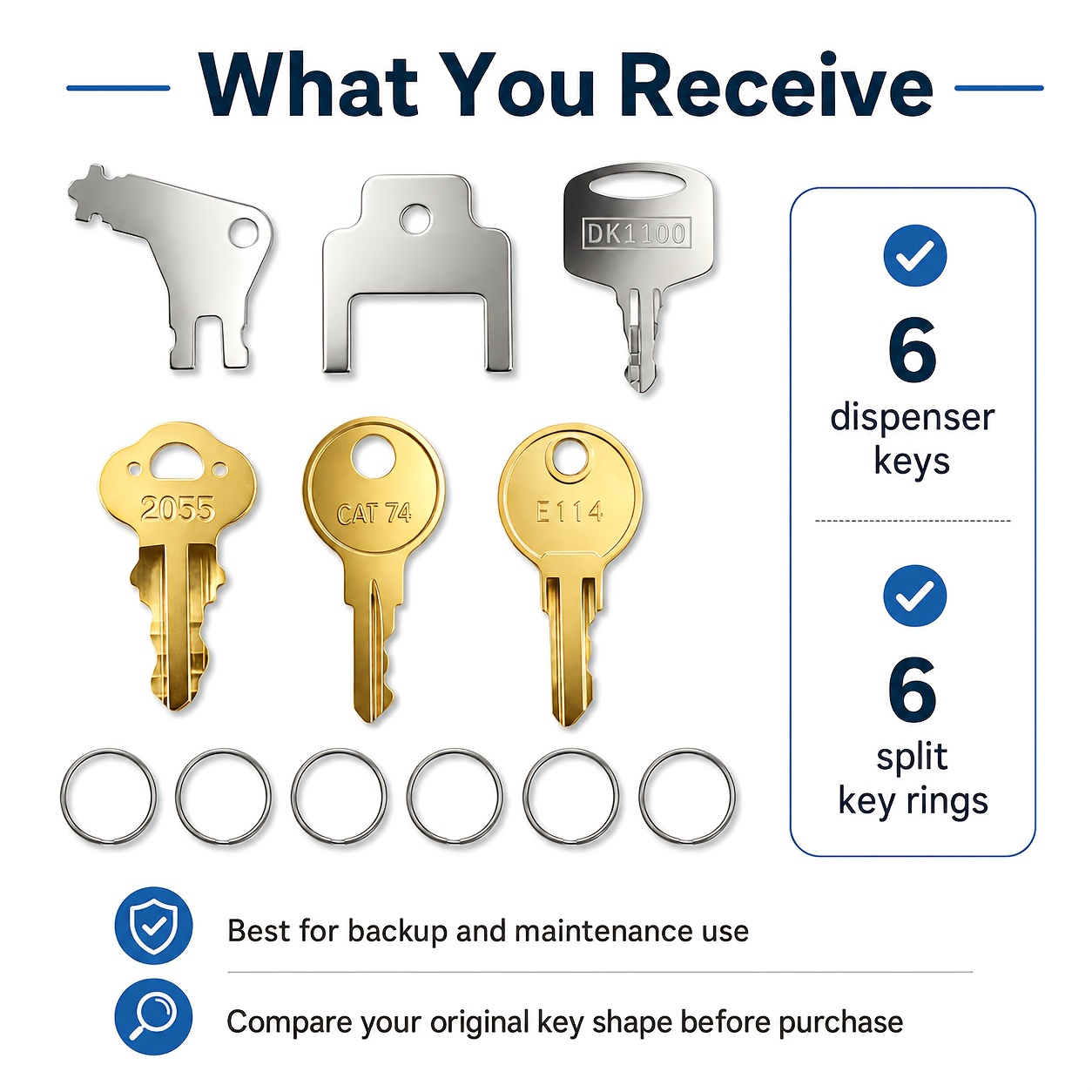 TEMU 6pcs Universal Paper Towel Dispenser Key,comes With An 6 Keychains, Replacement Key Compatible With Sca 1100, 2055, Cat 74, 770301, E114 Toilet