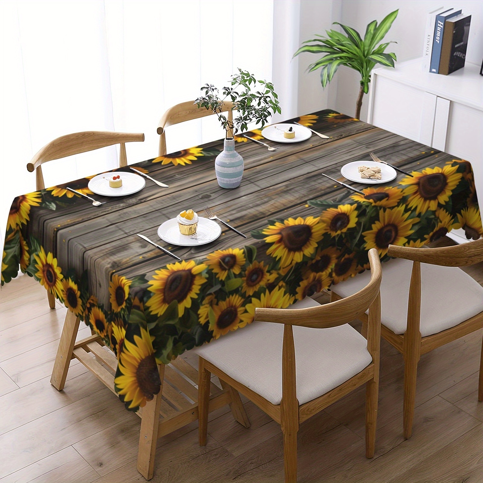 

1pc, Tablecloth, Sunflower Pattern Polyester Table Cloth With Embossed Edge Print, Waterproof, Stain Resistant, Wrinkle Resistant Table Cover, Ideal For Home Kitchen And Dining Room Decor,