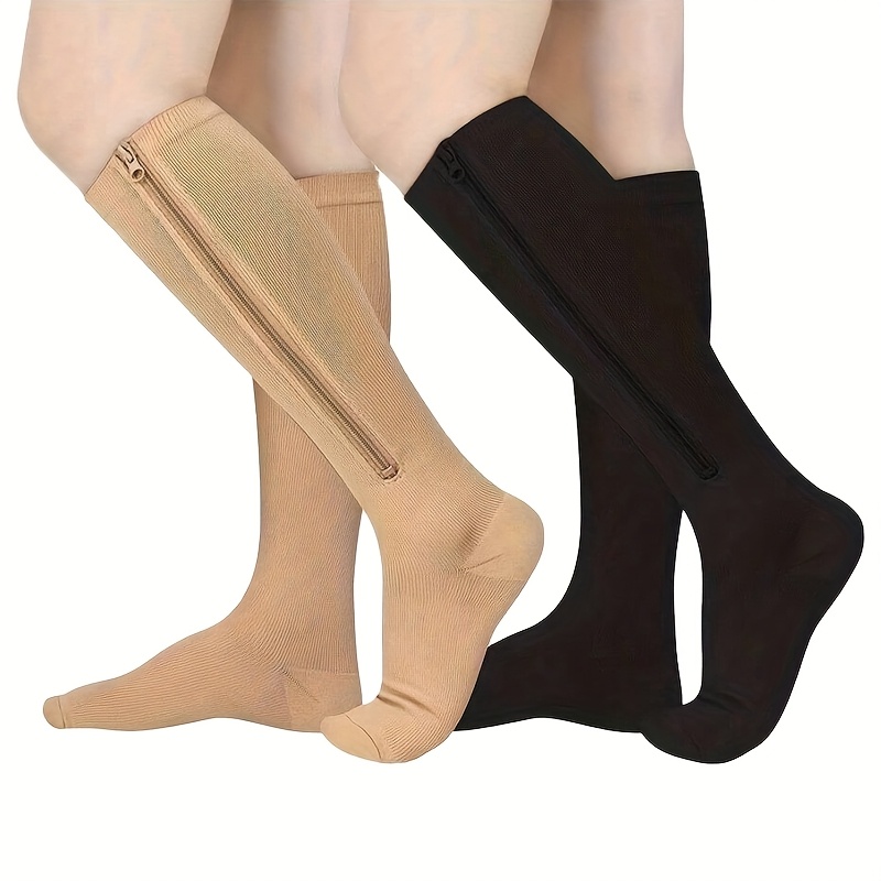 TEMU Deux paires de chaussettes de compression montantes en nylon, avec fermetures éclair, conçues pour hommes et femmes, idéales pour les activités