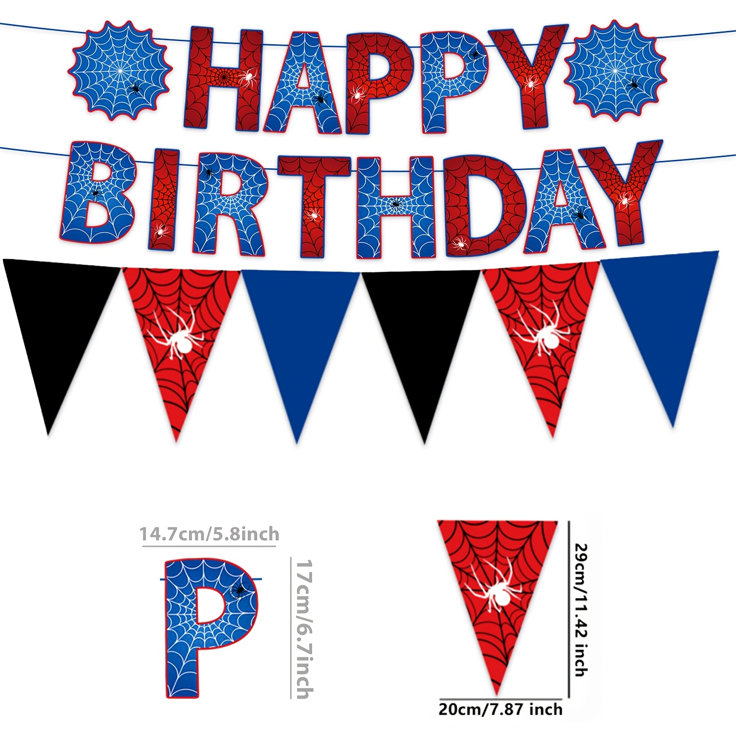 TEMU 27pcs Web Theme Birthday Banner Set, Red, Blue And Black Mesh Pattern Letters Flag And Triangle Flag, Male Hero Theme Birthday Party Decoration,