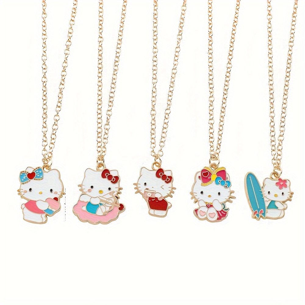 TEMU 5pcs For Hello Kitty & Necklace Set - Cute Alloy Animal Themed Pendants, Daily Wear & Gift, No Power Required, All Compatible