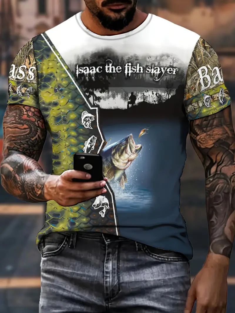 Fishing Theme Pattern Print Men's Comfy Chic T-shirt, Graphic Tee Men's  Summer Outdoor Clothes, Men's Clothing, Tops For Men, Gift For Men