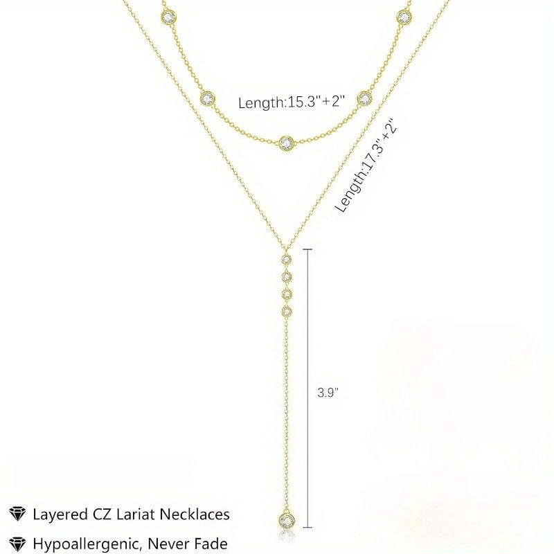 Women's Dainty Long Layered CZ Beaded Bar Chain Necklace