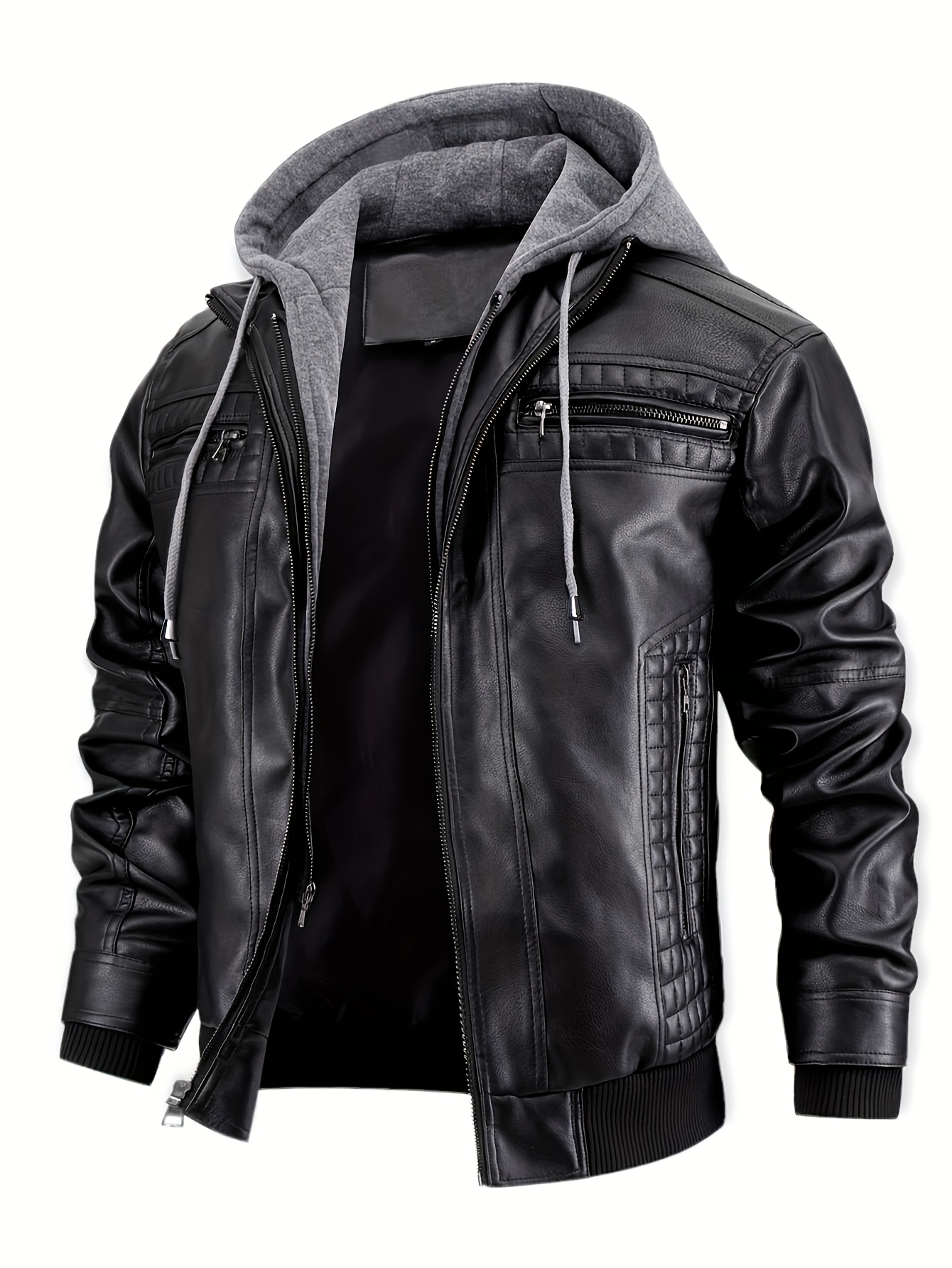 Men's Casual Stand Collar PU PU Leather Zip-Up Motorcycle Bomber Jacket with A Removable Hood ( Belt Included)