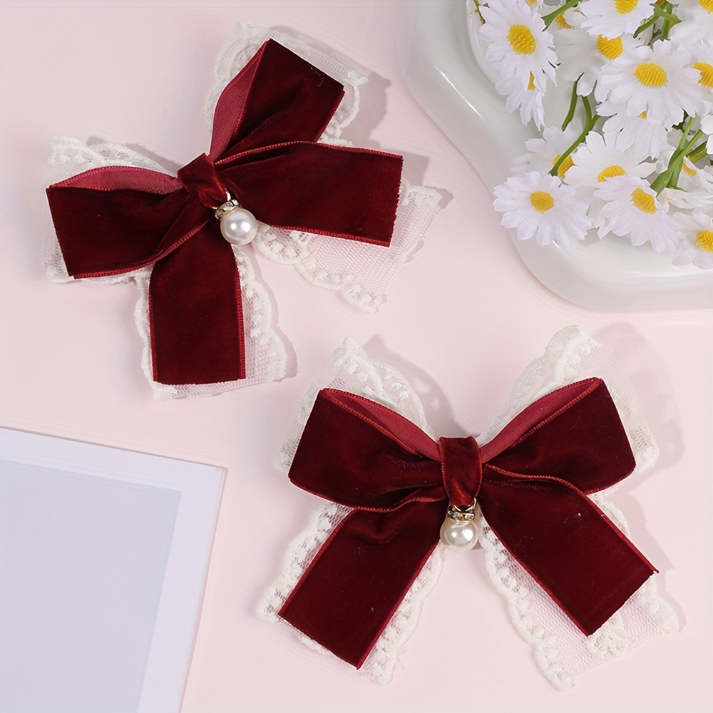 TEMU 2 stuks Velvet Bow Haarspelden voor Feest, Nieuwjaar, Dagelijks Rode Elegante Strik Haarspelden voor Kant Strik Haaraccessoires voor Cadeaus