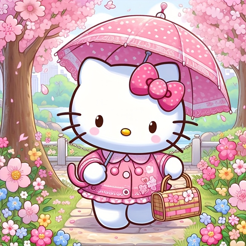 1pc 5d Diamond Painting Set, Hello Kitty Cartoon Theme With , Round Frameless, Diy Home Decoration, 30x30cm/11.8 Inches X 11.8 Inches, Suitable For Wall Decorations And Desktop Placement, A Gift