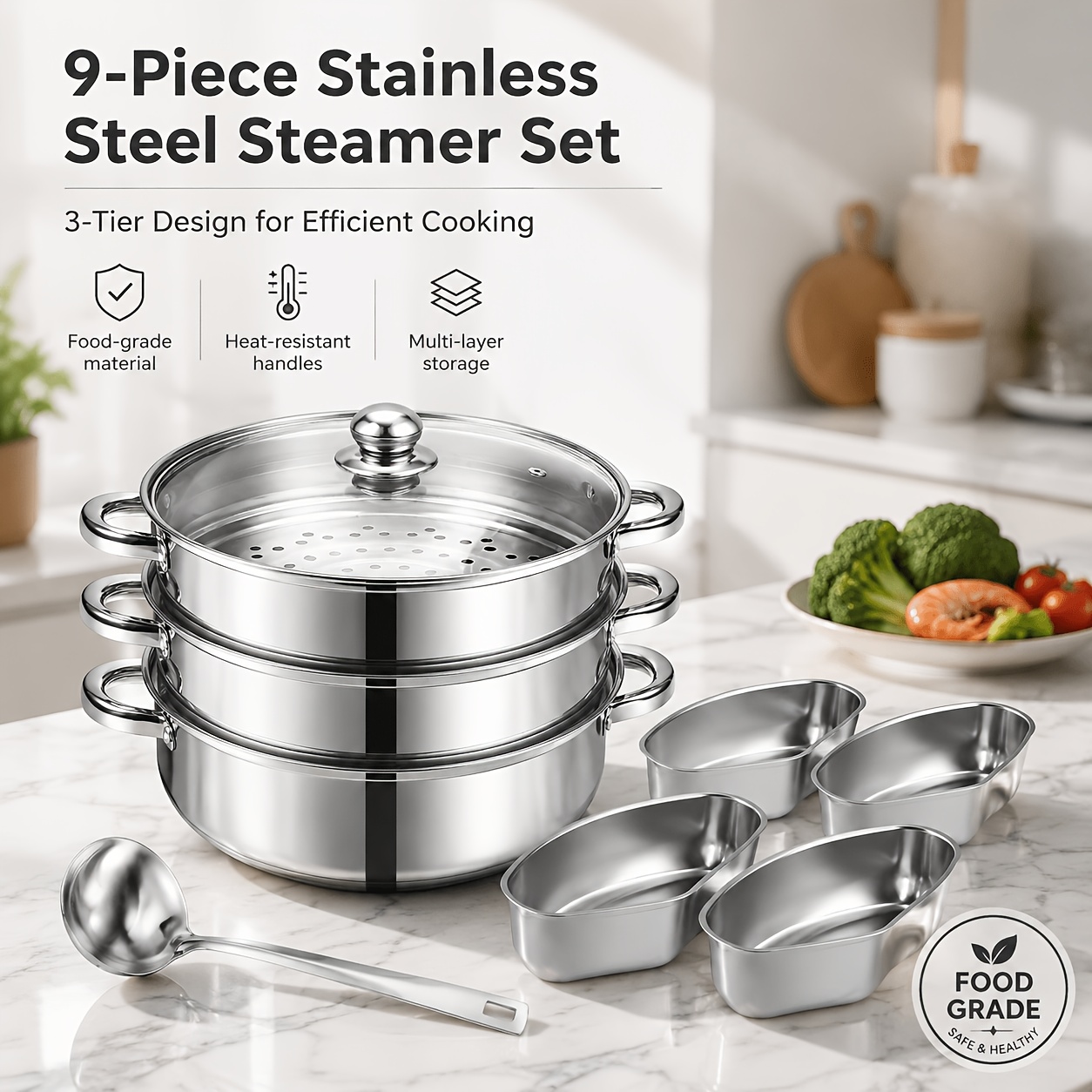 TEMU 9pcs Three-tier Food-grade Stainless Steel Steamer Cookware Set, Includes 4 Divided Bowls And A Soup Ladle. Steamer For Healthy Cooking, Ideal