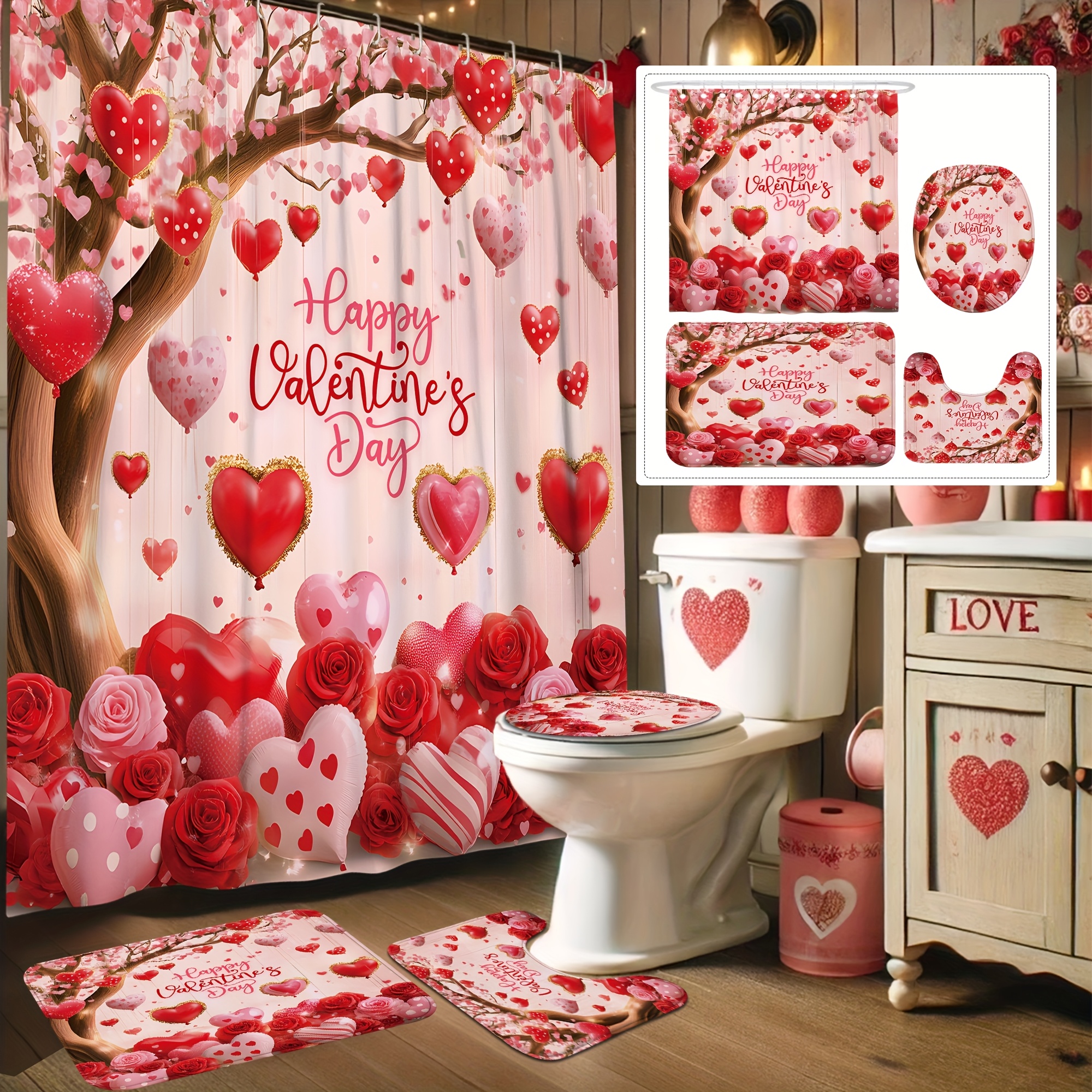 

[open] 1/4pcs Valentine's Day Decoration Shower Set Heart Rose Floral Romantic Washable For Bathroom Shower Ornament Gift Home With 12 Hooks Non-slip Bath Mat Toilet Lid Cover Mat