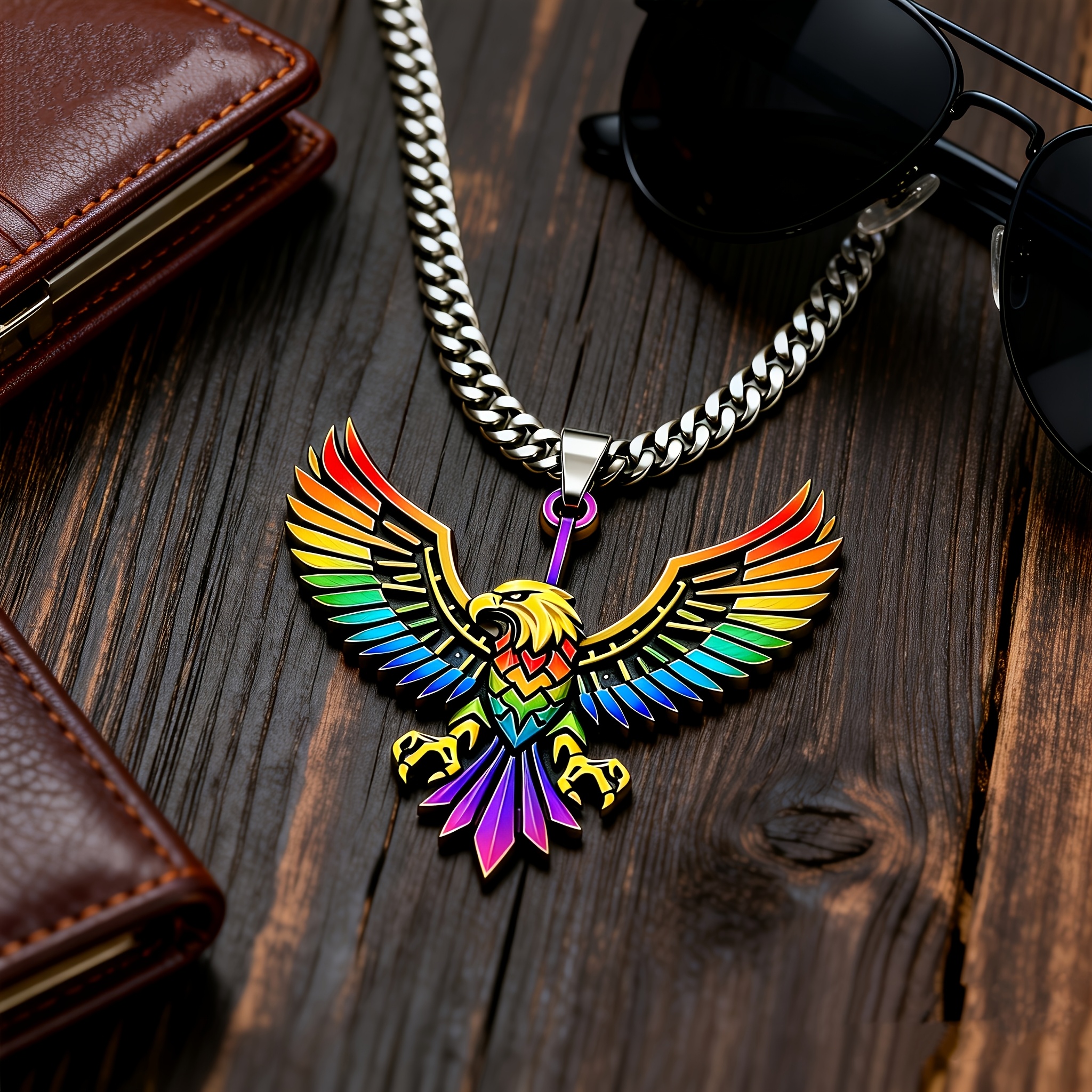 TEMU 316l Stainless Steel Rainbow Enamel Eagle Necklace, Multicolor Spread Wing Hawk Pendant, Hip Hop Biker Statement Jewelry Gift For Him