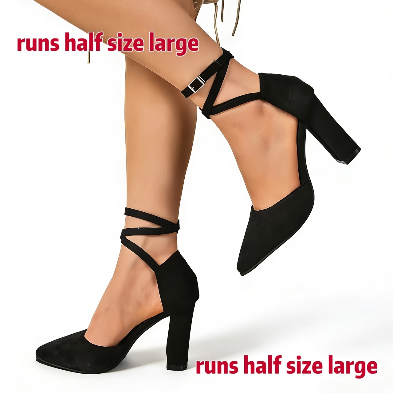 TEMU Elegant & Fashionable Matte Velvet Heels, Adjustable Crisscross Straps, Metal Buckle, Chunky Wide Heel | Runs Half Size Large. Available In