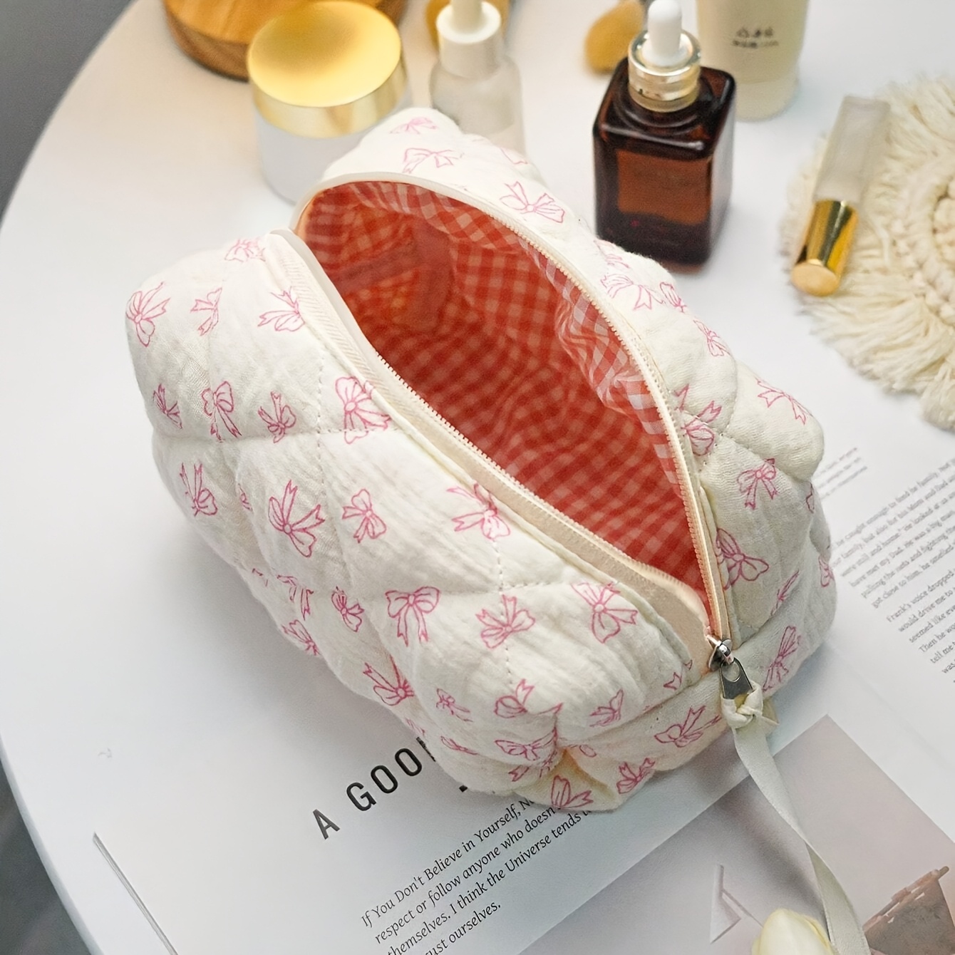 1 pieza 1 pieza bolso de maquillaje acolchado con   lindo   para & - organizador de cosméticos plegable con cremallera, bolsa de   de viaje acolchada con   de  , porta brochas compacto