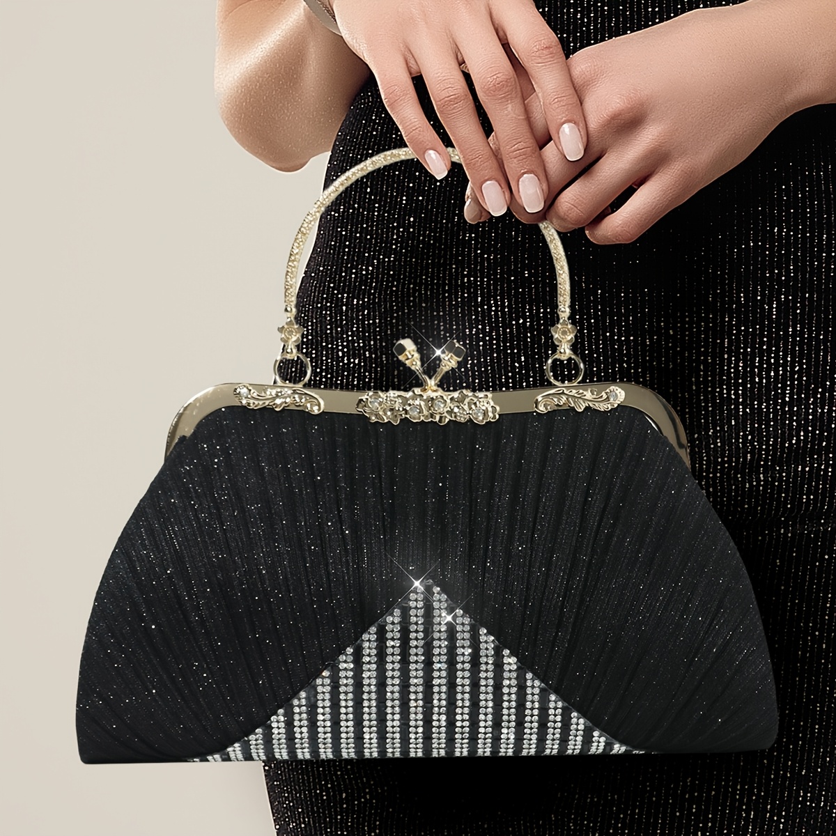 Gorgeous Rhinestone Evening Bag with Pleated Clasp Handbag, Sequined Vintage Tote Bag with Detachable Chain for Women's Dinner Party, Suitable for Parties, Dinners, Weddings
