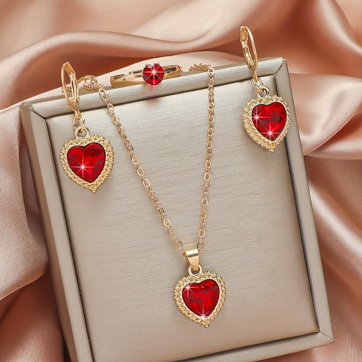 TEMU 4pcs Heart Jewelry Set For Women, Including Necklace, Ring And Earrings, Suitable For Daily And Special Occasion, For Gift