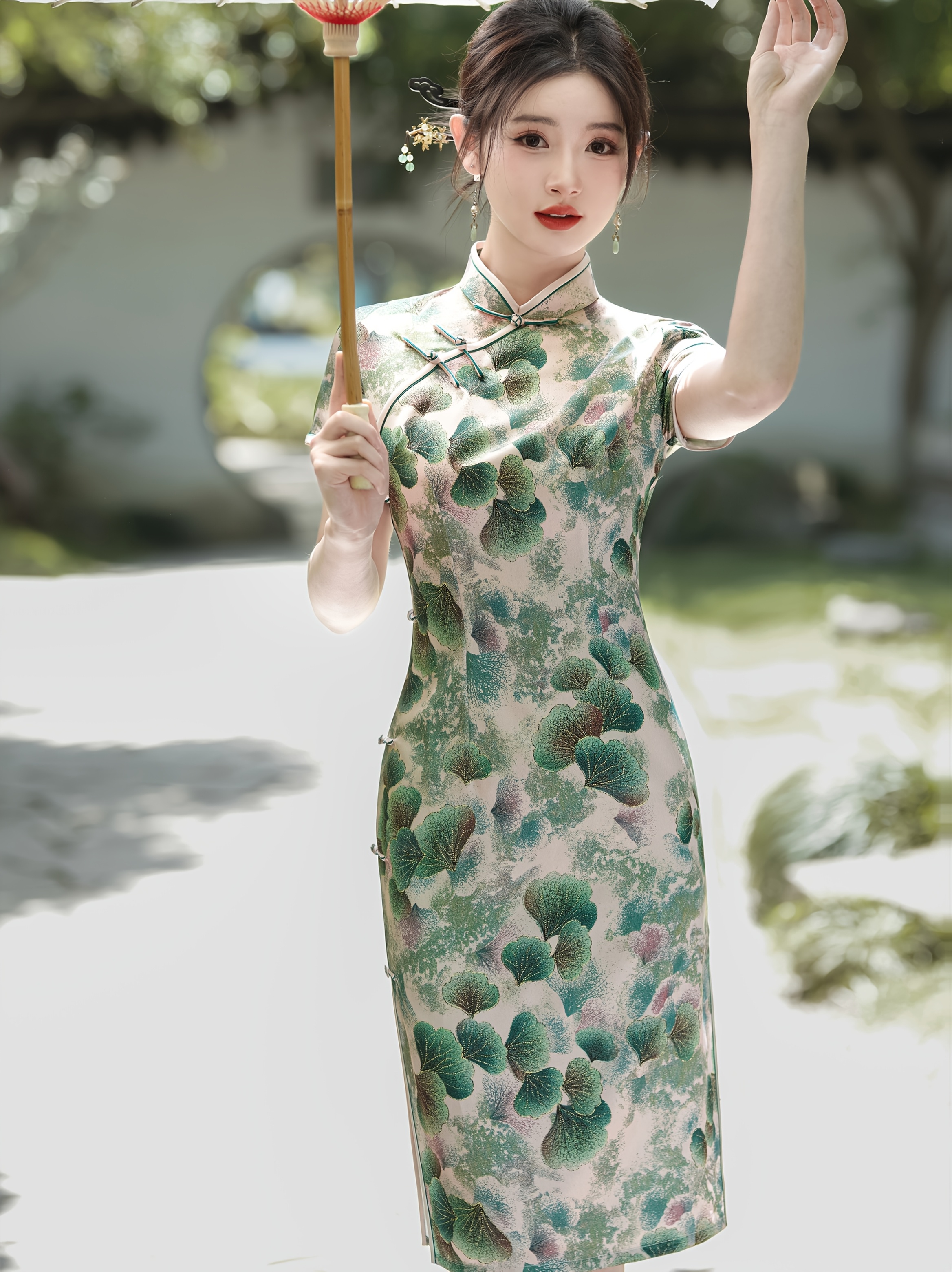2025 spring summer chinese style cheongsam green ginkgo leaf - Temu Austria