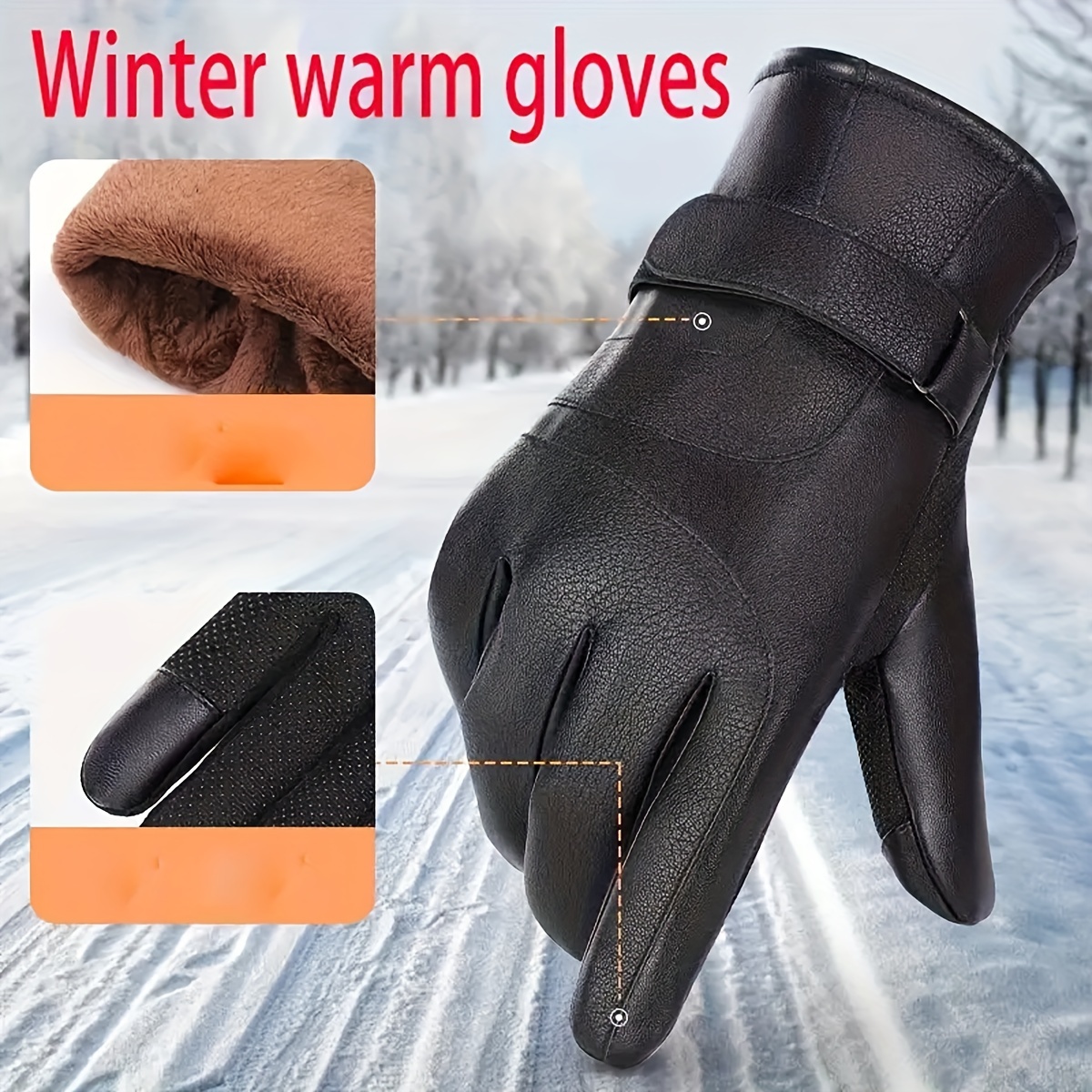2pcs mens high quality pu leather winter warm touchscreen gloves with thermal lining ergonomic fit motorcycle skiing snowboarding   outdoor cold weather gloves with wrist strap reinforced palm compatible with smartphones tablets ideal for mens fashion winter activities   durable pu leather touchscreen functionality warm lining included Product details 6