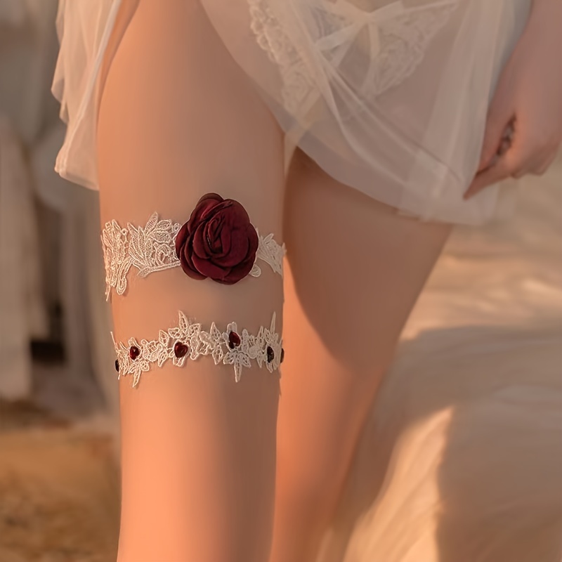 White Lace Garter Belt Inlaid Crystal Flower Elastic Legs Straps Wedding  Accessories