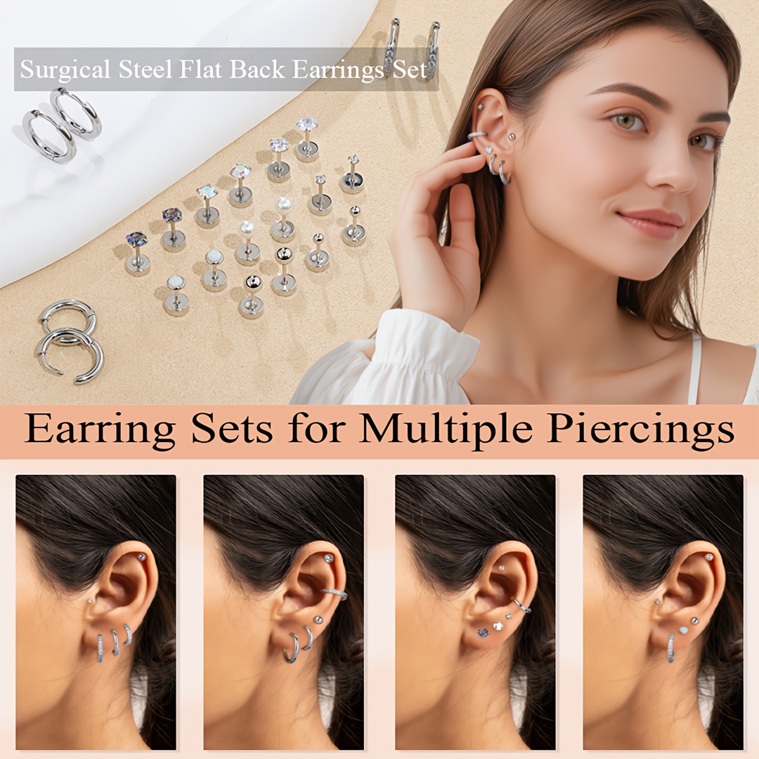 12pcs vintage boho style surgical stainless steel flat back earrings set hypoallergenic hoop stud earrings with synthetic zirconia cz pearl accents for multiple piercings unisex jewelry for daily gift occasions valentines day suitable Product details 0