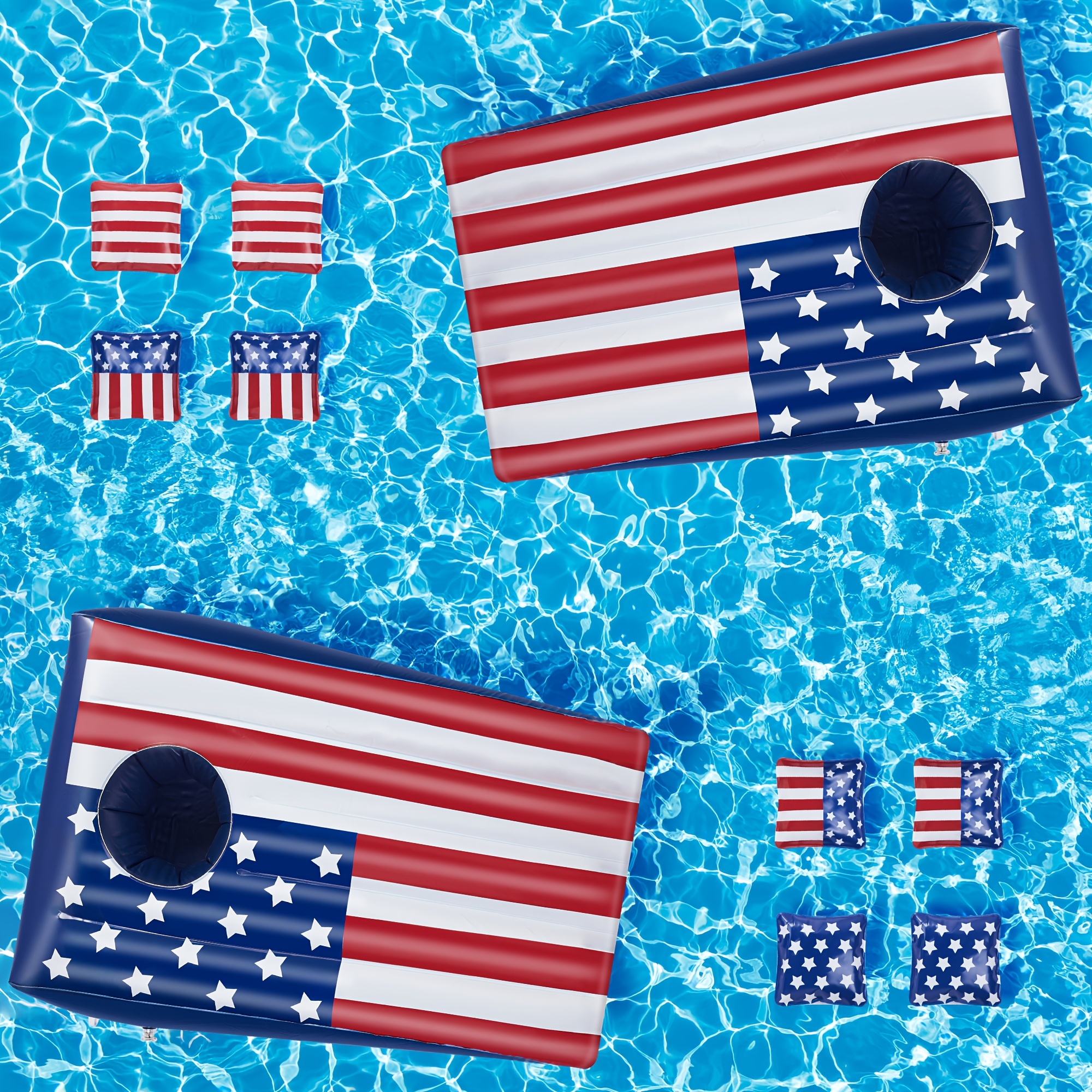 Pool Cornhole Inflatable Bean Bag Toss Game 2 Sets, Independence Day Swimming Pool Game for Teens, Adults and Family, American Flag Theme Water Floating Cornhole Toy with 8 Bean Bags for Party Packs