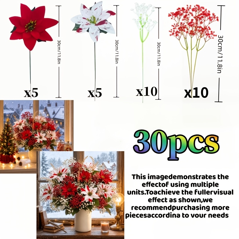 TEMU 30 Stück Große Weihnachts-Simulation Gemischte Blumenarrangements, Klassischer Rot-Weißer Weihnachtsstil, Poinsettien mit Rot-Weißem Atem,
