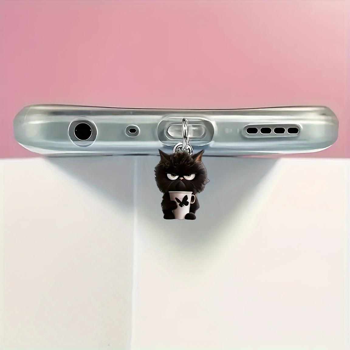 

1pc Black Cat With Cup Design Phone Dust Plug, Acrylic () Material, Compatible With Iphone/type-c Connectors - Mobile Accessory