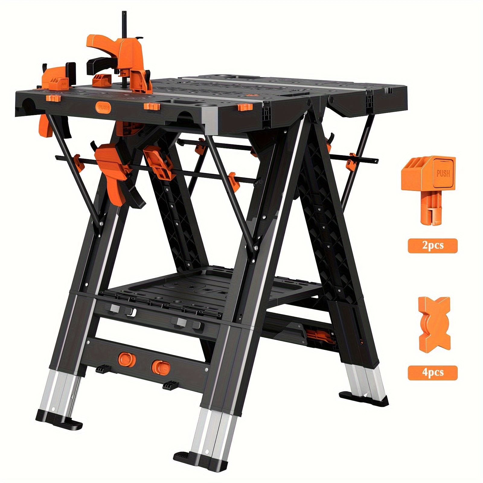 

2-in-1 Folding Workbench, Waterproof Portable Folding Work Table, 31" W X 25" D X 32" H Workbench, Height-adjustable Work Table With 4 Woodworking Clamps, 4 Connecting Blocks, 2 Limit Blocks